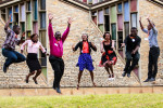 The Bishop of Lusaka, David Njovu, with young people outside the Cathedral of the Holy Cross