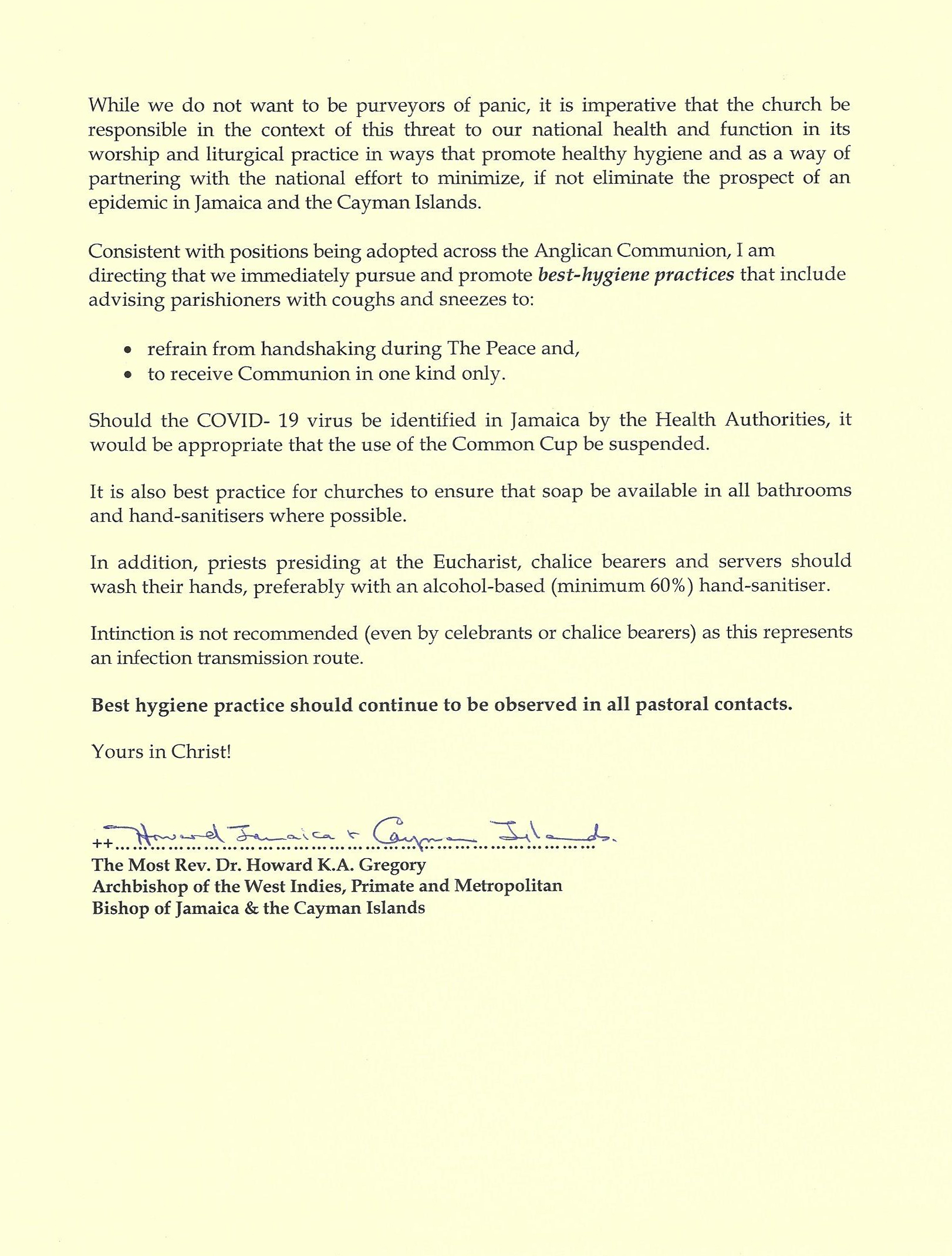 Archbishop’s Guidelines re Coronavirus – Diocese of Jamaica & The ...